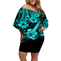 Hawaii Ukulele Off Shoulder Short Dress Polynesian Pattern Turquoise Version - Wonder Print Shop
