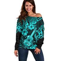 Hawaii Ukulele Off Shoulder Sweater Polynesian Pattern Turquoise Version - Wonder Print Shop
