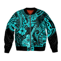 Hawaii Ukulele Sleeve Zip Bomber Jacket Polynesian Pattern Turquoise Version - Wonder Print Shop