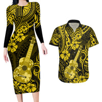 Hawaii Ukulele Couples Matching Long Sleeve Bodycon Dress and Hawaiian Shirt Polynesian Pattern Yellow Version - Wonder Print Shop
