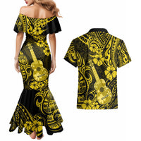 Hawaii Ukulele Couples Matching Mermaid Dress and Hawaiian Shirt Polynesian Pattern Yellow Version - Wonder Print Shop