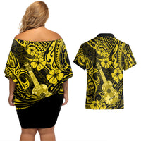 Hawaii Ukulele Couples Matching Off Shoulder Short Dress and Hawaiian Shirt Polynesian Pattern Yellow Version - Wonder Print Shop