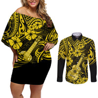 Hawaii Ukulele Couples Matching Off Shoulder Short Dress and Long Sleeve Button Shirts Polynesian Pattern Yellow Version - Wonder Print Shop