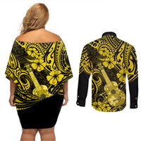 Hawaii Ukulele Couples Matching Off Shoulder Short Dress and Long Sleeve Button Shirts Polynesian Pattern Yellow Version - Wonder Print Shop