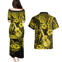 Hawaii Ukulele Couples Matching Puletasi Dress and Hawaiian Shirt Polynesian Pattern Yellow Version - Wonder Print Shop