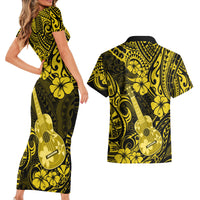 Hawaii Ukulele Couples Matching Short Sleeve Bodycon Dress and Hawaiian Shirt Polynesian Pattern Yellow Version - Wonder Print Shop