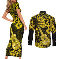 Hawaii Ukulele Couples Matching Short Sleeve Bodycon Dress and Long Sleeve Button Shirts Polynesian Pattern Yellow Version - Wonder Print Shop