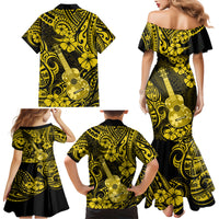 Hawaii Ukulele Family Matching Mermaid Dress and Hawaiian Shirt Polynesian Pattern Yellow Version - Wonder Print Shop