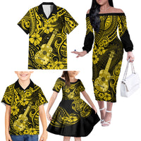Hawaii Ukulele Family Matching Off Shoulder Long Sleeve Dress and Hawaiian Shirt Polynesian Pattern Yellow Version - Wonder Print Shop