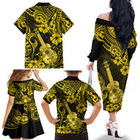 Hawaii Ukulele Family Matching Off Shoulder Long Sleeve Dress and Hawaiian Shirt Polynesian Pattern Yellow Version - Wonder Print Shop