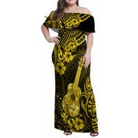 Hawaii Ukulele Family Matching Off Shoulder Maxi Dress and Hawaiian Shirt Polynesian Pattern Yellow Version - Wonder Print Shop
