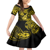 Hawaii Ukulele Family Matching Off Shoulder Short Dress and Hawaiian Shirt Polynesian Pattern Yellow Version - Wonder Print Shop