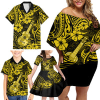 Hawaii Ukulele Family Matching Off Shoulder Short Dress and Hawaiian Shirt Polynesian Pattern Yellow Version - Wonder Print Shop