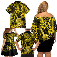 Hawaii Ukulele Family Matching Off Shoulder Short Dress and Hawaiian Shirt Polynesian Pattern Yellow Version - Wonder Print Shop