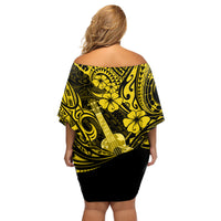 Hawaii Ukulele Family Matching Off Shoulder Short Dress and Hawaiian Shirt Polynesian Pattern Yellow Version - Wonder Print Shop