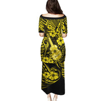 Hawaii Ukulele Family Matching Puletasi Dress and Hawaiian Shirt Polynesian Pattern Yellow Version - Wonder Print Shop