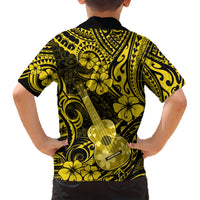 Hawaii Ukulele Family Matching Short Sleeve Bodycon Dress and Hawaiian Shirt Polynesian Pattern Yellow Version - Wonder Print Shop
