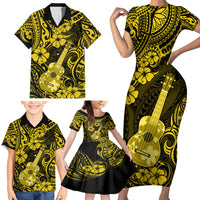 Hawaii Ukulele Family Matching Short Sleeve Bodycon Dress and Hawaiian Shirt Polynesian Pattern Yellow Version - Wonder Print Shop