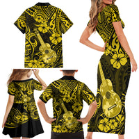 Hawaii Ukulele Family Matching Short Sleeve Bodycon Dress and Hawaiian Shirt Polynesian Pattern Yellow Version - Wonder Print Shop
