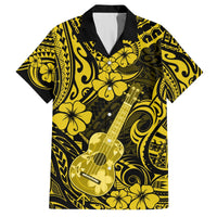 Yellow Hawaiian shirt with black-and-gold ukulele and floral Polynesian pattern