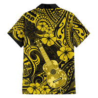 Yellow Hawaiian shirt back with ukulele, flowers, and black-gold Polynesian pattern
