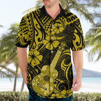 Yellow Hawaiian shirt worn by man, open collar, ukulele and floral Polynesian print