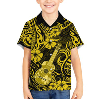 Yellow Hawaiian shirt for kids with open collar and ukulele floral Polynesian print