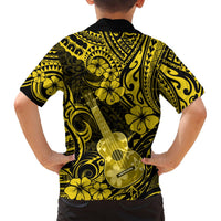 Yellow Hawaiian shirt back view with ukulele, swirl motifs, and floral Polynesian print