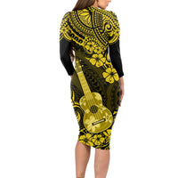 Hawaii Ukulele Long Sleeve Bodycon Dress Polynesian Pattern Yellow Version - Wonder Print Shop