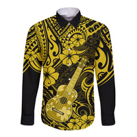Hawaii Ukulele Long Sleeve Button Shirt Polynesian Pattern Yellow Version - Wonder Print Shop