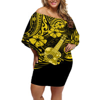 Hawaii Ukulele Off Shoulder Short Dress Polynesian Pattern Yellow Version - Wonder Print Shop