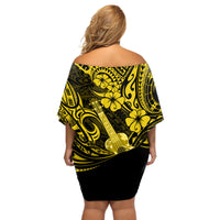 Hawaii Ukulele Off Shoulder Short Dress Polynesian Pattern Yellow Version - Wonder Print Shop