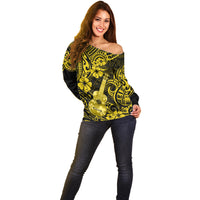Hawaii Ukulele Off Shoulder Sweater Polynesian Pattern Yellow Version - Wonder Print Shop