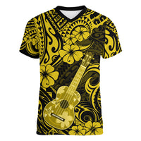 Hawaii Ukulele Women V Neck T Shirt Polynesian Pattern Yellow Version - Wonder Print Shop