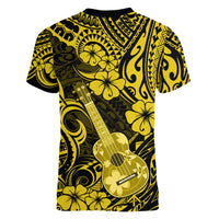 Hawaii Ukulele Women V Neck T Shirt Polynesian Pattern Yellow Version - Wonder Print Shop