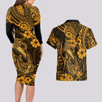 Hawaii Fish Hook Couples Matching Long Sleeve Bodycon Dress and Hawaiian Shirt Polynesian Pattern Gold Version - Wonder Print Shop