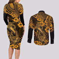 Hawaii Fish Hook Couples Matching Long Sleeve Bodycon Dress and Long Sleeve Button Shirts Polynesian Pattern Gold Version - Wonder Print Shop