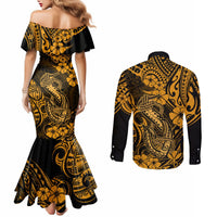 hawaii-fish-hook-couples-matching-mermaid-dress-and-long-sleeve-button-shirts-polynesian-pattern-gold-version