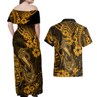Hawaii Fish Hook Couples Matching Off Shoulder Maxi Dress and Hawaiian Shirt Polynesian Pattern Gold Version - Wonder Print Shop