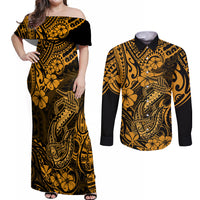 Hawaii Fish Hook Couples Matching Off Shoulder Maxi Dress and Long Sleeve Button Shirts Polynesian Pattern Gold Version - Wonder Print Shop