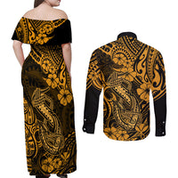 Hawaii Fish Hook Couples Matching Off Shoulder Maxi Dress and Long Sleeve Button Shirts Polynesian Pattern Gold Version - Wonder Print Shop