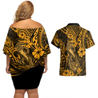 Hawaii Fish Hook Couples Matching Off Shoulder Short Dress and Hawaiian Shirt Polynesian Pattern Gold Version - Wonder Print Shop