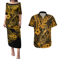 Hawaii Fish Hook Couples Matching Puletasi Dress and Hawaiian Shirt Polynesian Pattern Gold Version - Wonder Print Shop