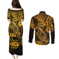 Hawaii Fish Hook Couples Matching Puletasi Dress and Long Sleeve Button Shirts Polynesian Pattern Gold Version - Wonder Print Shop