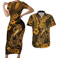 Hawaii Fish Hook Couples Matching Short Sleeve Bodycon Dress and Hawaiian Shirt Polynesian Pattern Gold Version - Wonder Print Shop