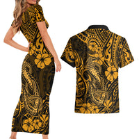 Hawaii Fish Hook Couples Matching Short Sleeve Bodycon Dress and Hawaiian Shirt Polynesian Pattern Gold Version - Wonder Print Shop