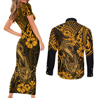 Hawaii Fish Hook Couples Matching Short Sleeve Bodycon Dress and Long Sleeve Button Shirts Polynesian Pattern Gold Version - Wonder Print Shop