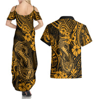 Hawaii Fish Hook Couples Matching Summer Maxi Dress and Hawaiian Shirt Polynesian Pattern Gold Version - Wonder Print Shop