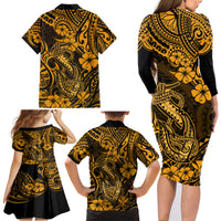 Hawaii Fish Hook Family Matching Long Sleeve Bodycon Dress and Hawaiian Shirt Polynesian Pattern Gold Version - Wonder Print Shop
