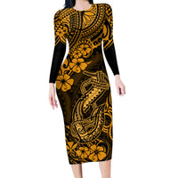Hawaii Fish Hook Family Matching Long Sleeve Bodycon Dress and Hawaiian Shirt Polynesian Pattern Gold Version - Wonder Print Shop